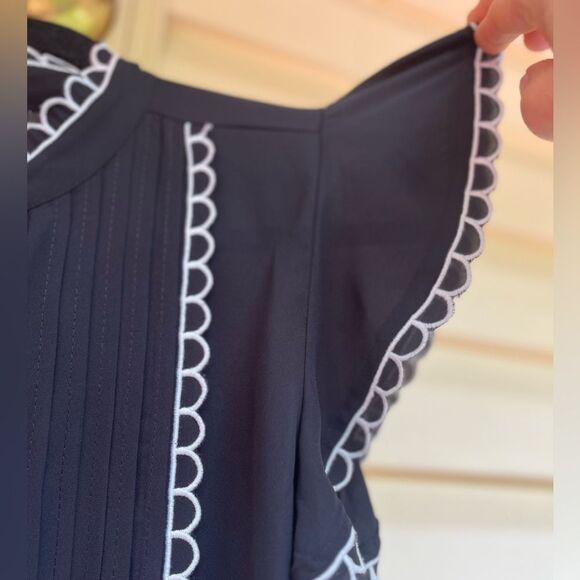 Ann Taylor black sheer blouse, ruched shoulders, scalloped contrast decor, Small - Picture 8 of 11